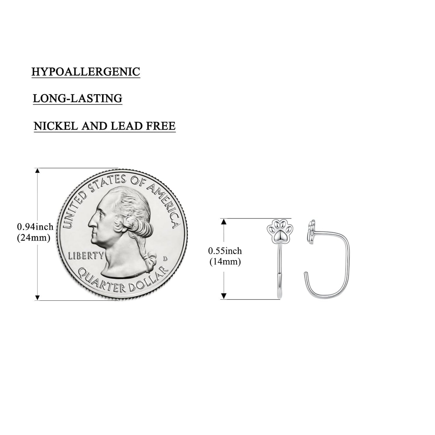 BISAER 925 Sterling Silver Heart Star Small Hoop Earrings, Hypoallergenic Backless Earrings Cartilage Earrings for Women, Dainty Sleeper Earrings with No Back Half Hoop Earrings Jewelry Gift for Her (Pawprint)