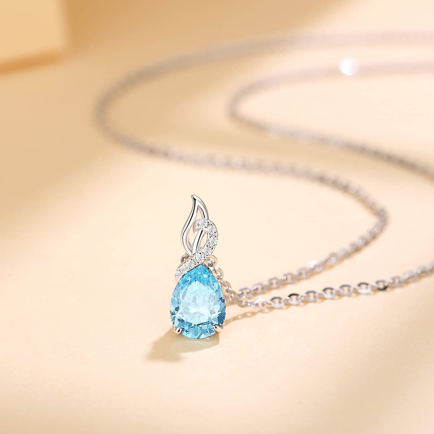 FANCIME Aquamarine Necklace March Birthstone Necklace 14K Solid White Gold Teardrop Pendant with Diamond Jewelry Gifts for Mom Women