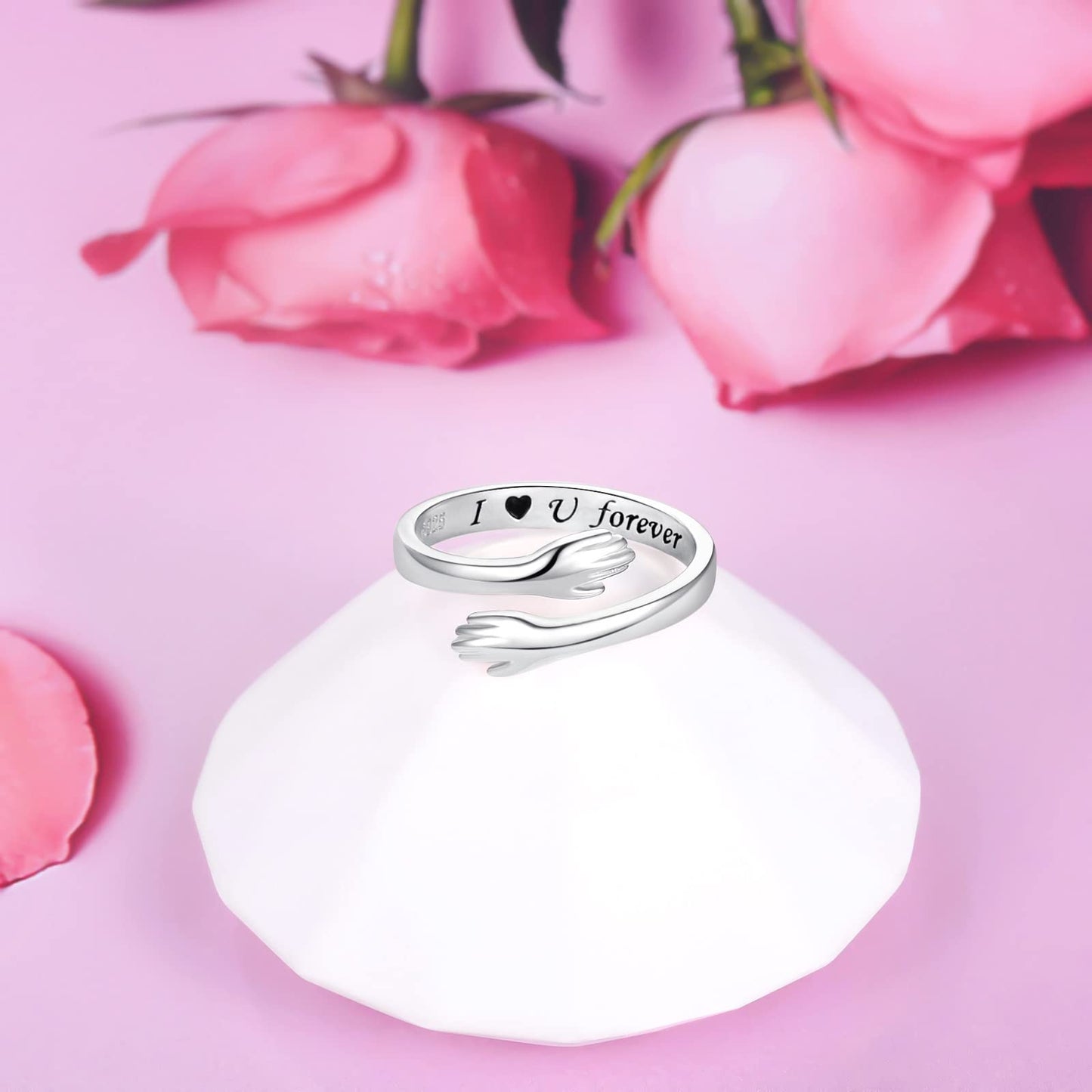 ACJFA Hug Rings for Women Sterling Silver Adjustable Ring for Women Daughter Hand Ring Jewelry for Birthday Gifts Holiday Gift for Teens (I U forever)