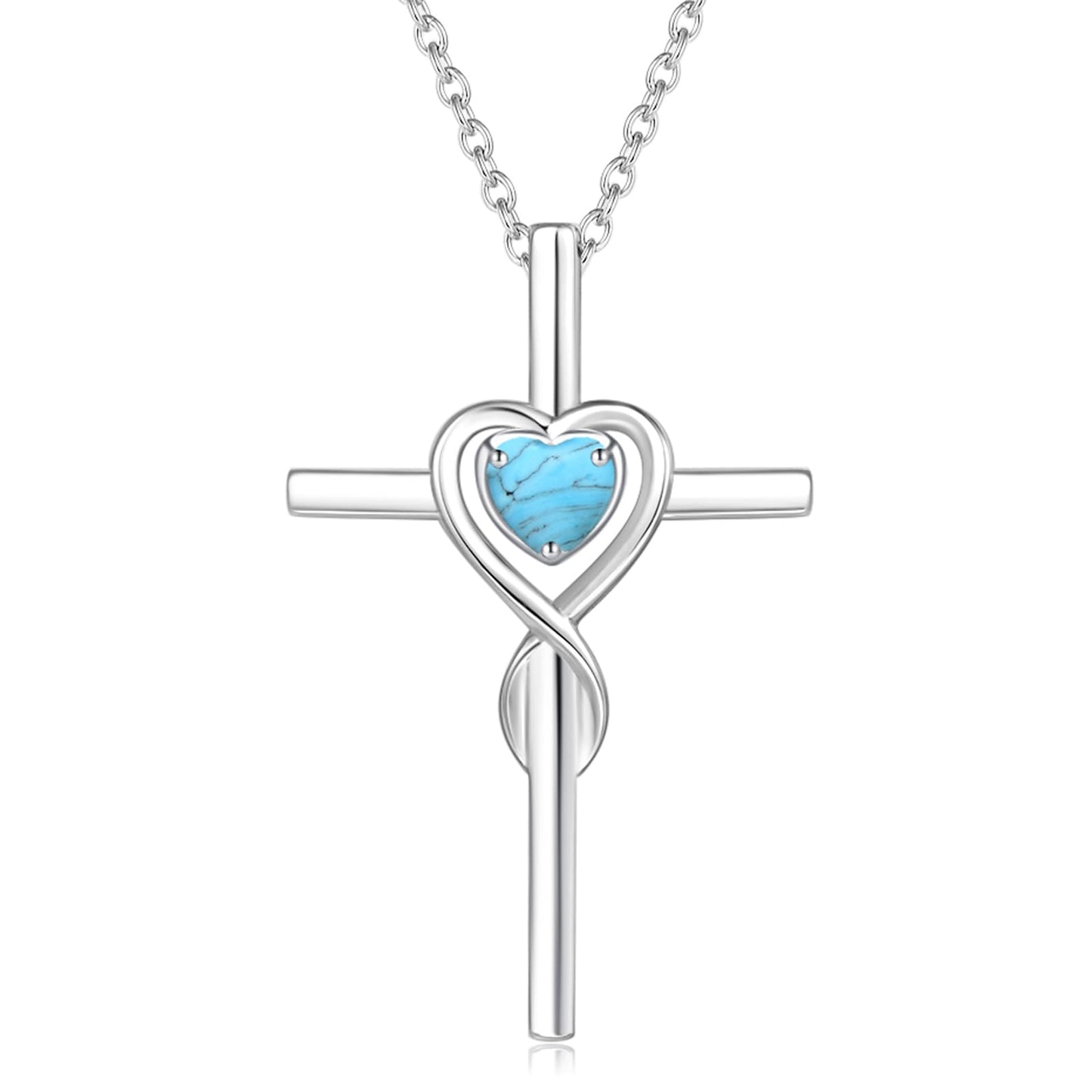 FANCIME Turquoise Cross Necklace For Women Sterling Silver Birthstone Turquoise Infinity Heart Cross Pendant December Birthstone Jewelry Valentines Day Gifts for Women