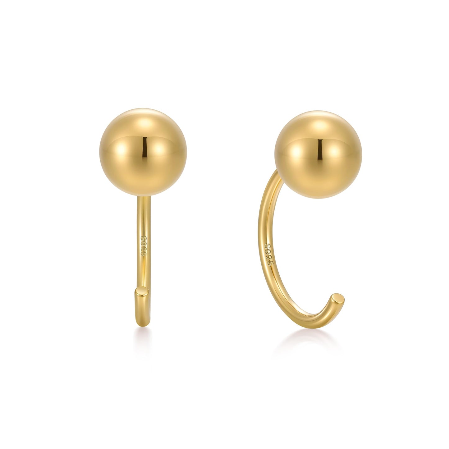 CHIC & ARTSY Backless Earrings for Women 18K Yellow Gold Plated 925 Sterling Silver Half Huggie Hoop Earrings 5mm Ball No Back Earrings Stay Close Hoop Earrings Nap Earrings