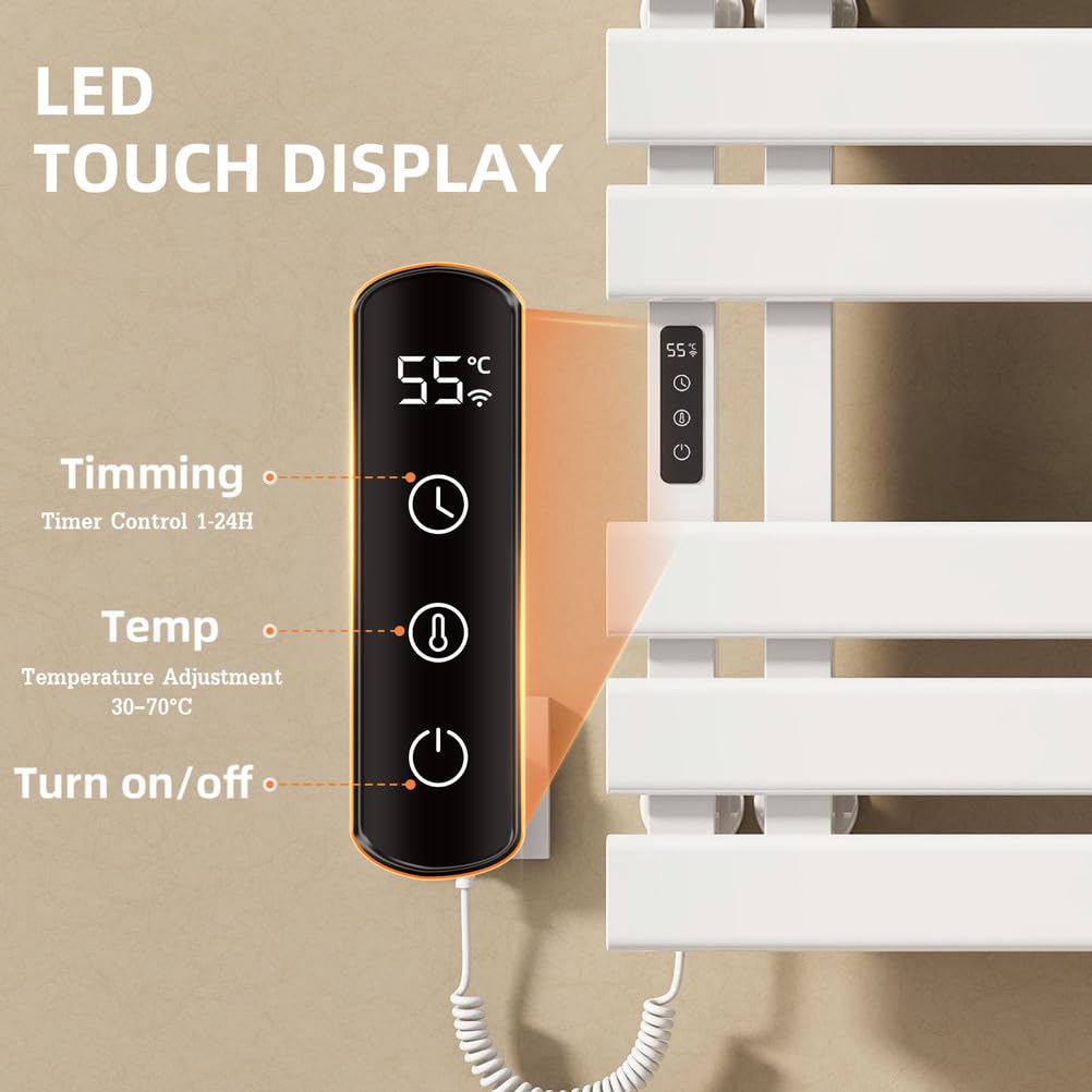 JSDQQG Smart Heated Towel Racks for Bathroom,Electric Towel Warmer Rack Voice Control,WiFi Heated Towel Rack Wall Mounted,Towel Warming Rack with Top Shelf and Led Timer,Flat Widen 6 Bar,White