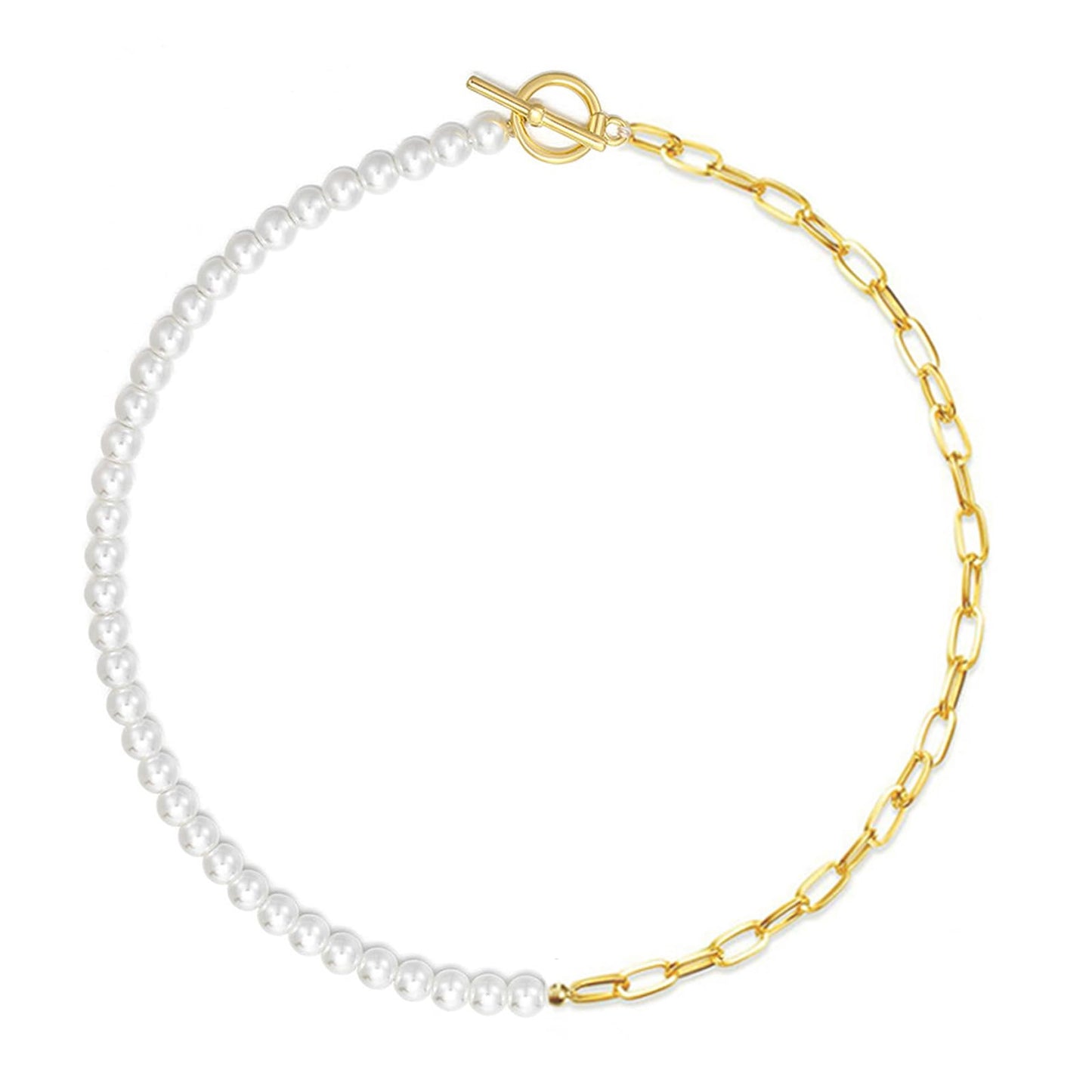 Zeffy Pearl Paperclip Chain Necklace, Vintage Chunky Link Chain Baroque Gold Pearl Paper Clip Choker Necklace Fashion Retro Charm Valentine Jewelry for Women