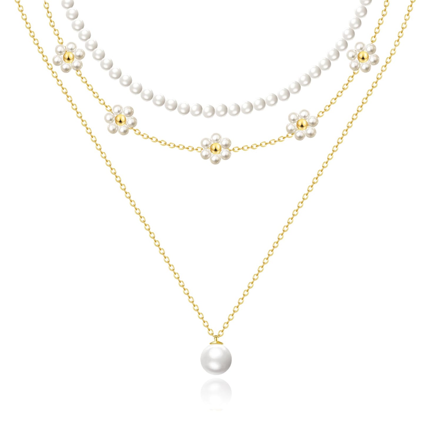 Zeffy Gold Daisy Pearl Necklaces for Women Gold Dainty Layered Single Pearl Choker Trendy Cute Silver Necklace Stack Wedding Jewelry Sets for Women Bridesmaid Gifts