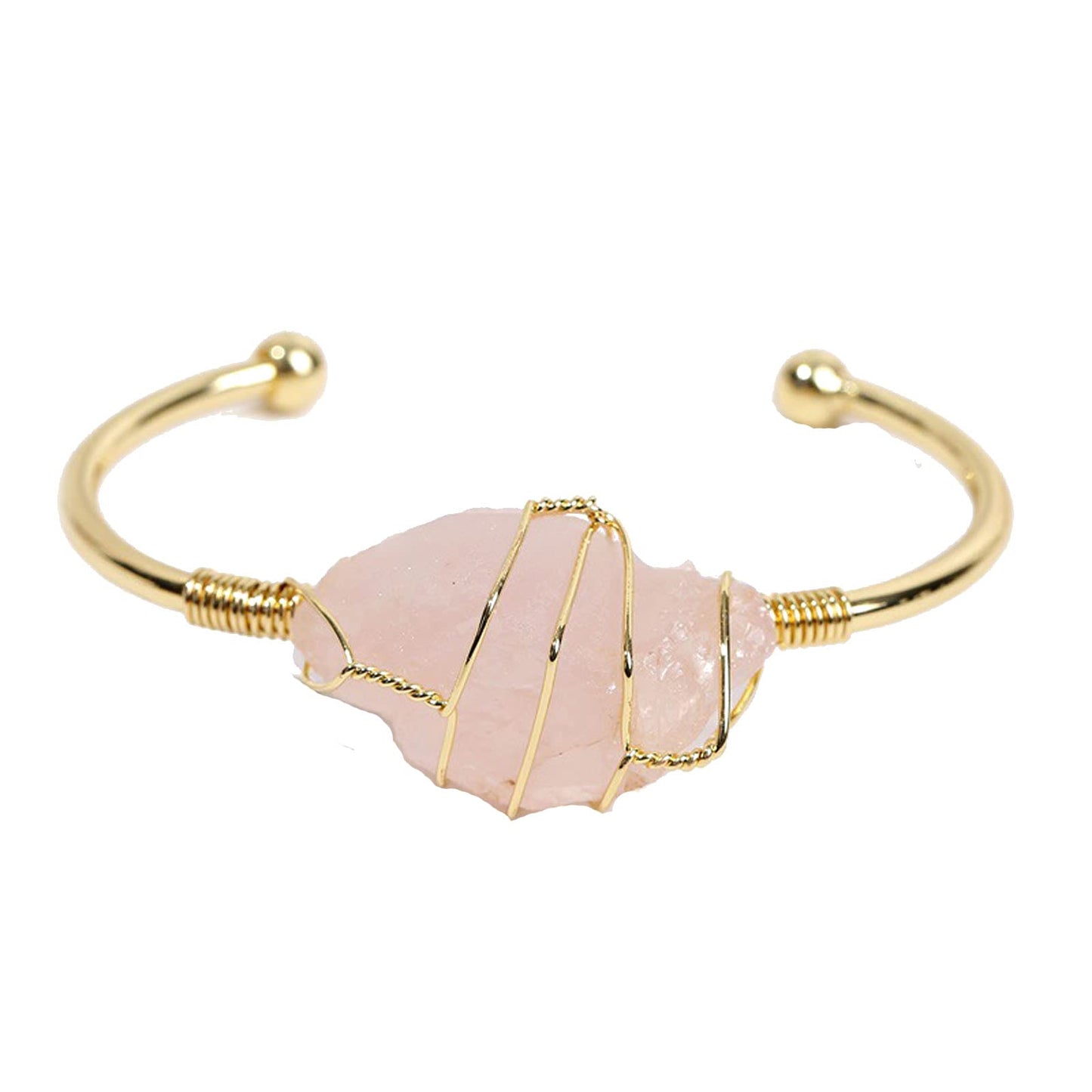 COLORFUL BLING Healing Stone Gold Plated Copper Wire Wrapped Natural Stone Cuff Bangle Gemstone Bracelet Chakra Energy Women Adjustable Open Bracelet Jewelry-C pink