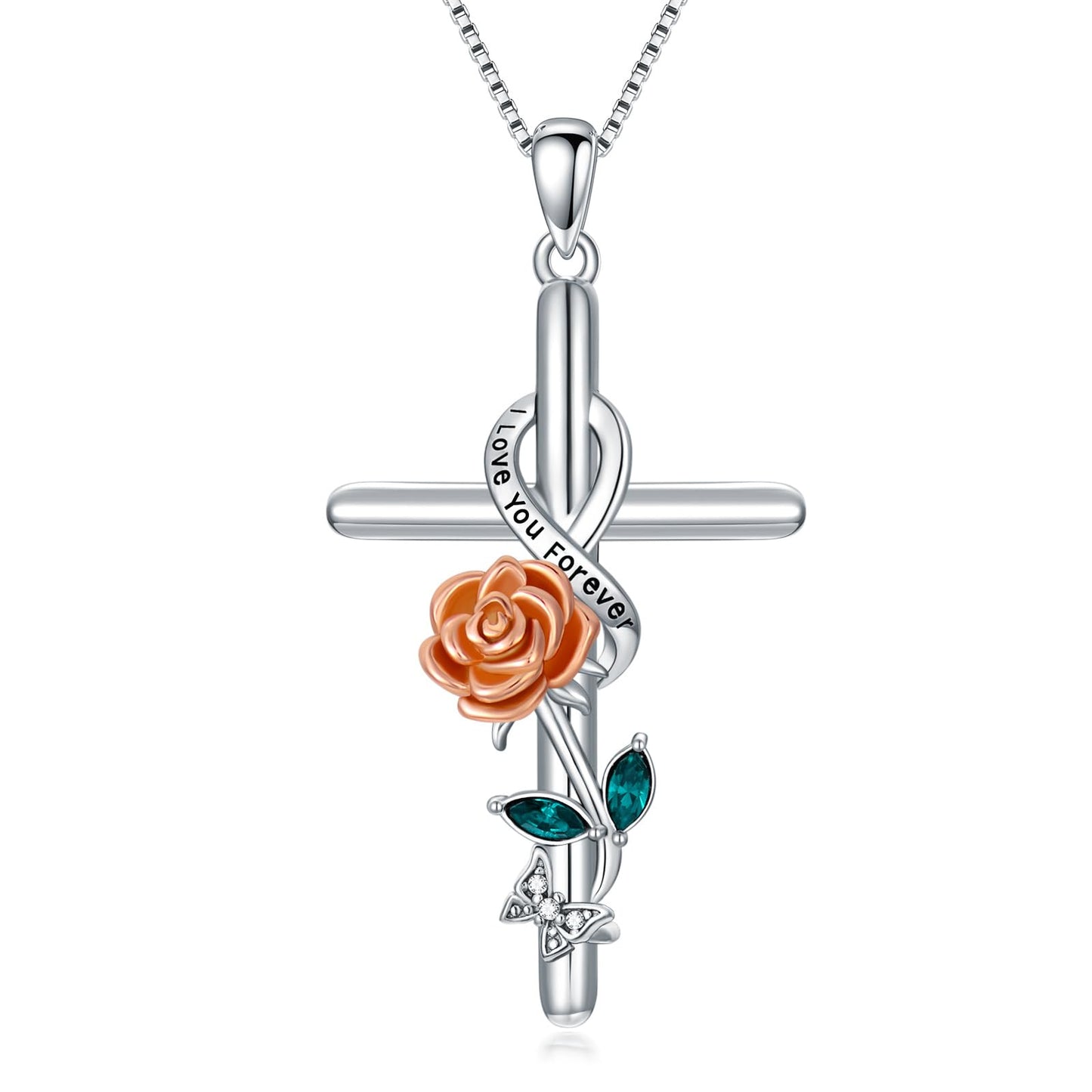 Flpruy Rose Birth Flower Necklace 925 Sterling Silver Cross Necklace 12 Month Birth Flower Floral Pendant Birthday Jewelry Gifts for Women Mom