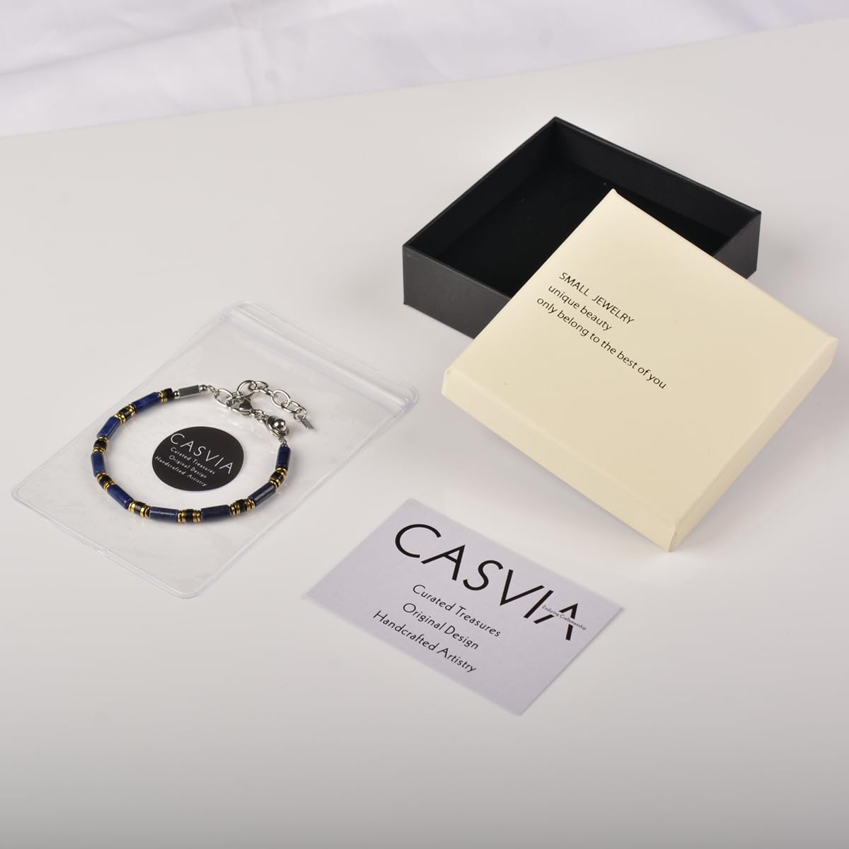 Casvia Men's Indigo Blue Stone Beaded Bracelet, Obsidian & Hematite, Stainless Steel Dual-Clasp, Adjustable, Durable Daily Wear, Azure Veil, Ideal Gift for Men Dad Boyfriend Son