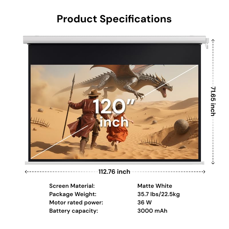 Valerion 120" Motorized Projector Screen, Outdoor Waterproof Drop-Down Screen, 2 Recharges Yearly, 4K/8K Ultra HD, Wrinkle-Free, Aluminum Frame, for Theater-Grade Home & Backyard Movie Night