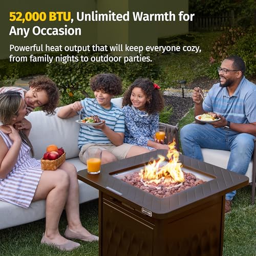 East Oak 28" Upgraded Outdoor Propane Fire Pit Table | 52,000 BTU Gas Fire Pit Table for Outside with Magnetic Lid | Storage Basket & Lava Rocks | CSA Certified for Patio, Garden & Backyard | Brown