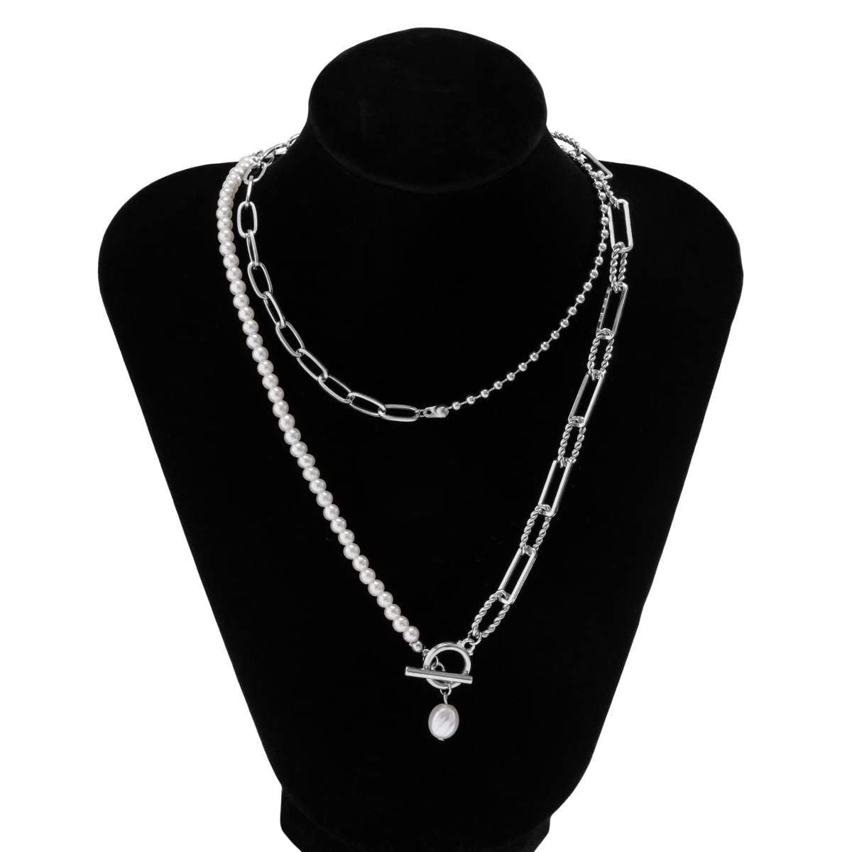 Long Silver Pearl Layered Necklaces for Women,Chunky Pearl Beaded Paperclip Chain Drop Necklace Trendy Gold Stack Choker Necklaces,Charm Jewelry Accessories