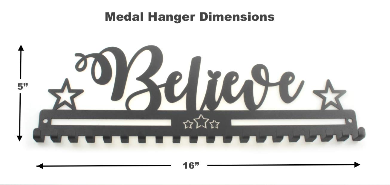 URBN BY MODERN HOME FINISHINGS 16" Metal Wall Mount 'Believe' Kids & Adults Sports Medal Hanger, Ribbon Display Holder Rack Medal Wall Hanger with Hooks, Simple Install, Great Gift (Black)