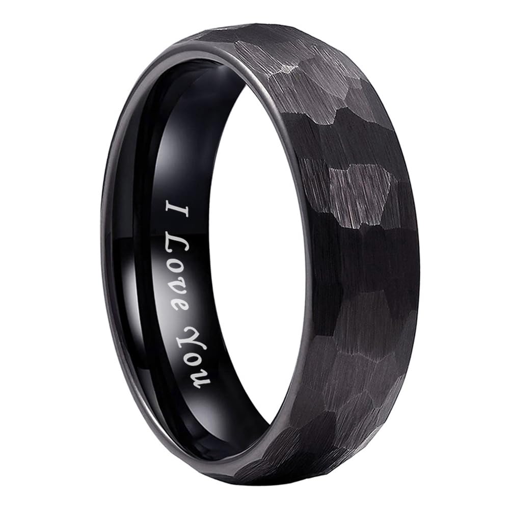 TUTISS 6mm Black Hammered Tungsten Carbide Rings for Men Women Engagement Wedding Bands Domed I Love You Engraved Comfort Fit Size 7