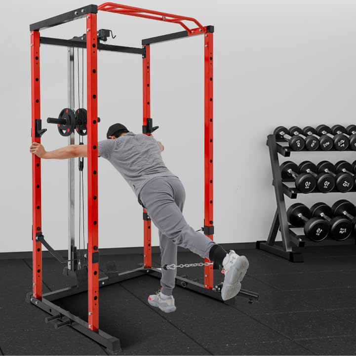 GAOMON Multi-Function Power Rack - Heavy-Duty Power Cage with LAT Pulldown, Cable Pulley, j-Hooks, Dip Bars, Landmine Attachment (1600 LBS Weight Capacity) for Home Gym