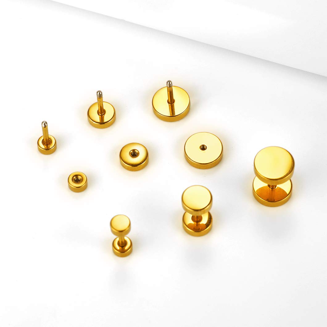 18K Gold Plated Round Stud Earrings for Men Women Cartilage Ear Piercing Plugs Tunnel Fashion Jewelry