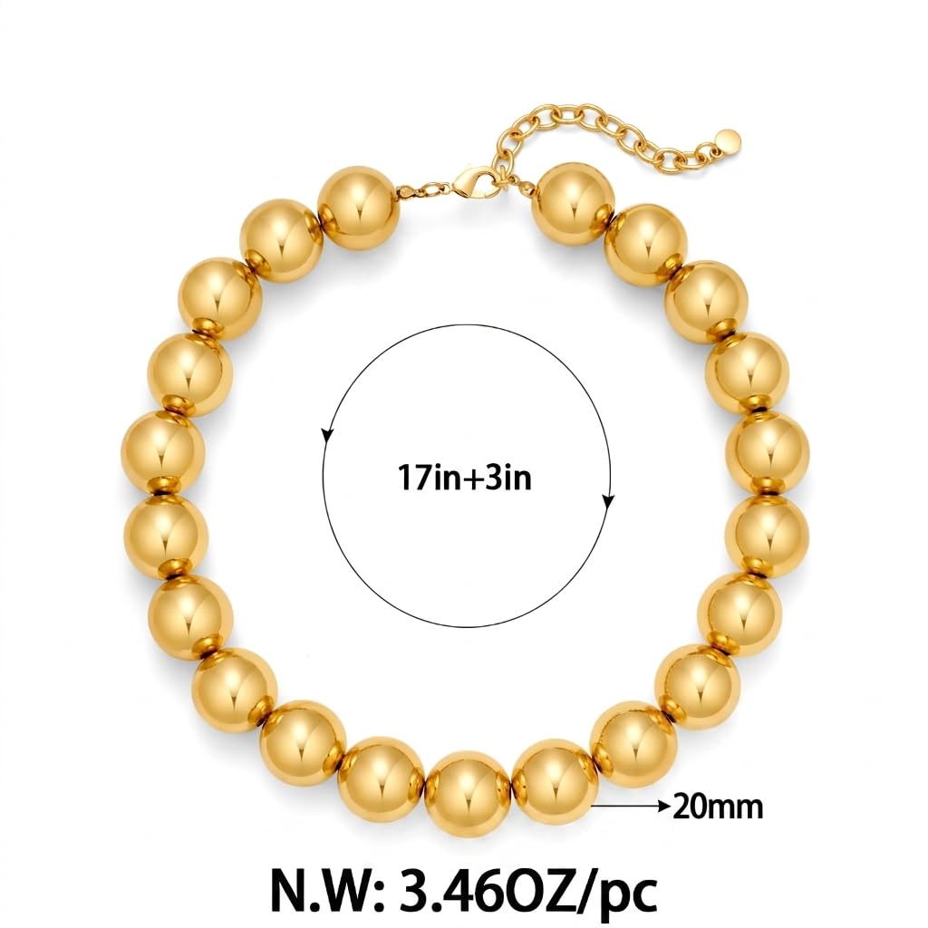 FAUTHENTICUTE Chunky Gold Beaded Necklace for Women Large Round Beads Statement Choker Necklace With Adjustable Extender Chain Trendy Gold Bead Necklace Fashion Boho Summer Beach Jewelry Gifts