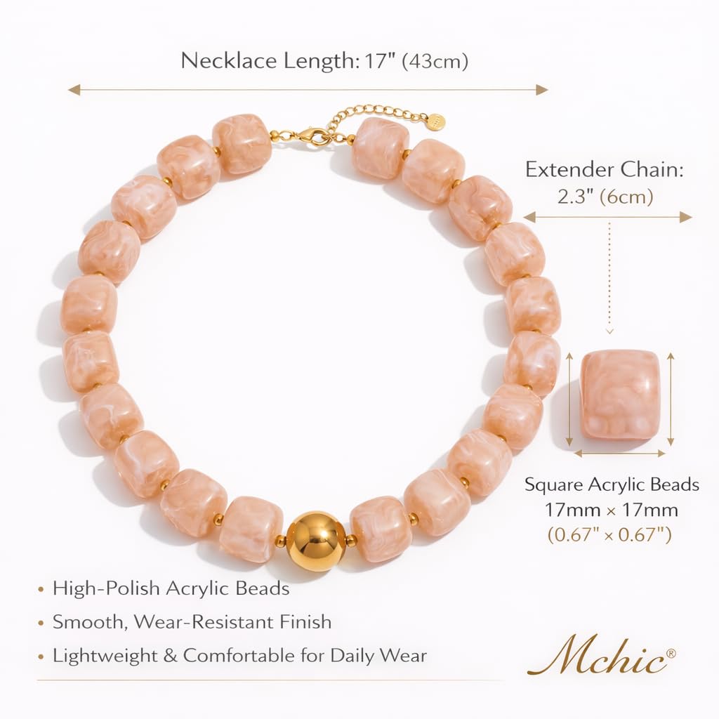 Mchic Beige Beaded Choker Necklace for Women: Large Square Acrylic Beads Adjustable Boho Strand Necklace Handmade Summer Beach Jewelry Stainless Steel Gift for Women