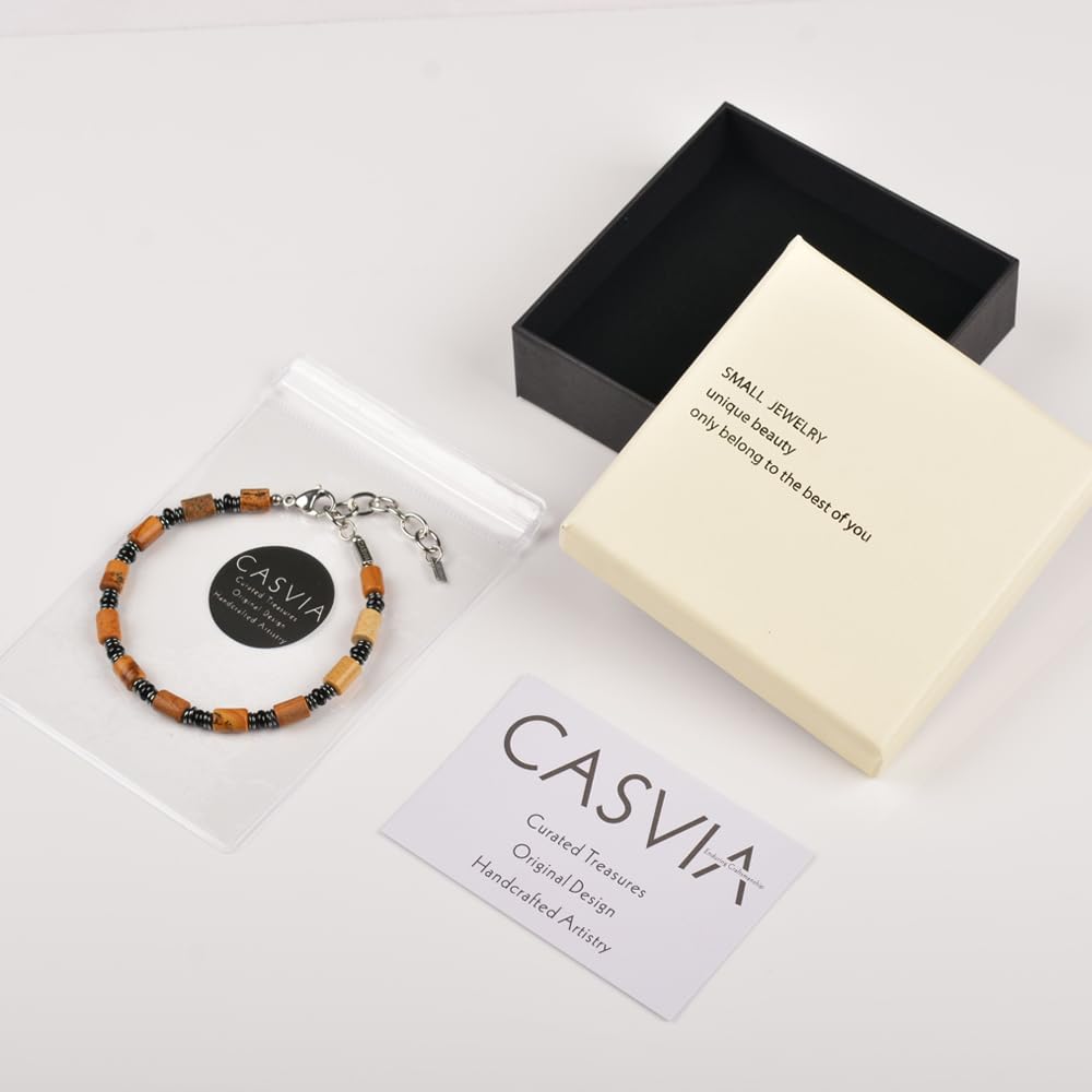 Casvia Mens Beaded Bracelet, Picture Stone, Hematite & Black Agate, Adjustable Stainless Steel Chain, Handmade Chakra Jewelry Gift for Dad Husband Boyfriend