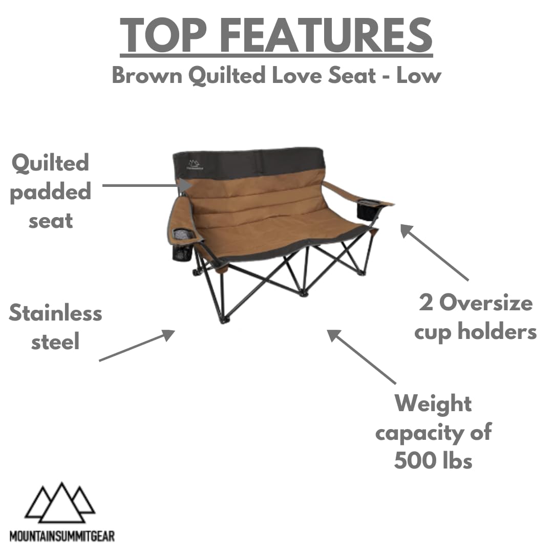 MOUNTAIN SUMMIT GEAR Quilted Low Loveseat Camping Chair for 2 with Padded Seat and Back for Camping/Hiking/Backpacking Made by Caddis Sports (Low Loveseat (Brown))