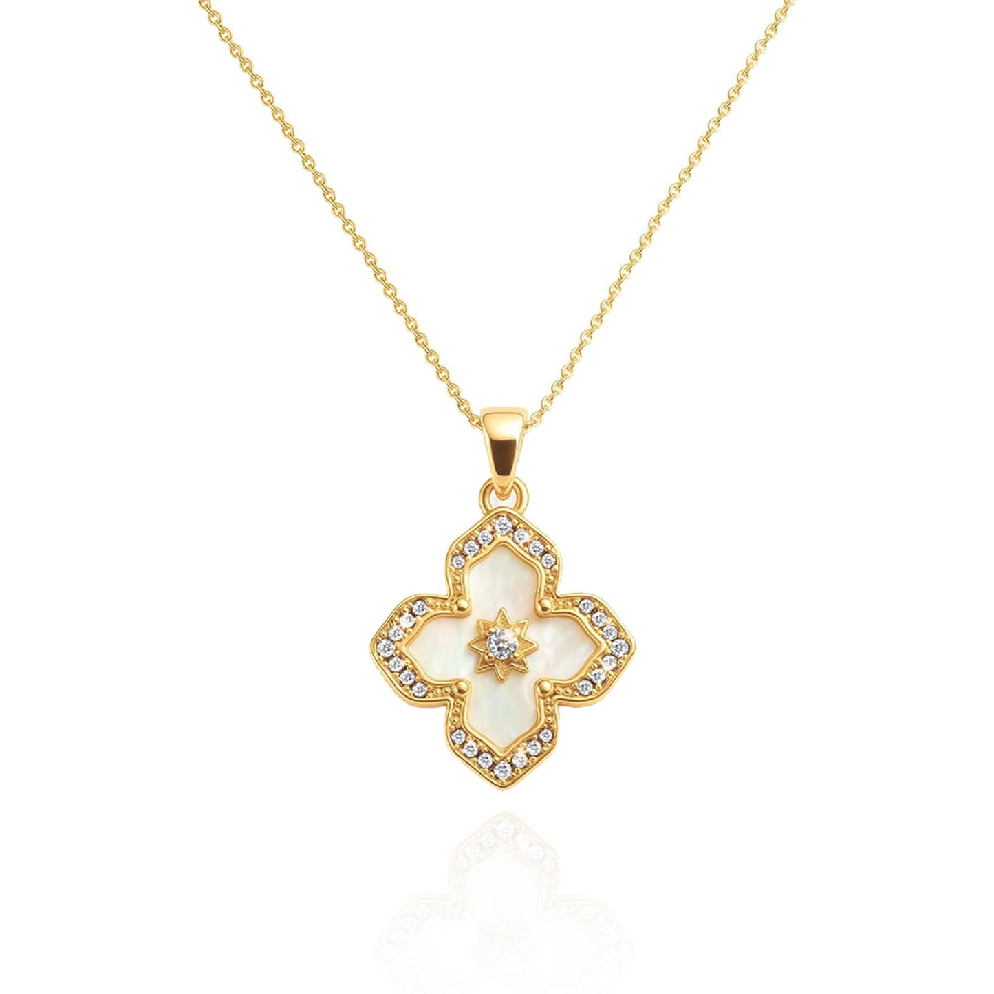 Zeffy Gold Clover Necklace for Women Dainty 14K Gold Plated CZ Mother of Pearl Pendant Necklace Charm Clover Pendant Lucky Necklaces for Women Jewelry