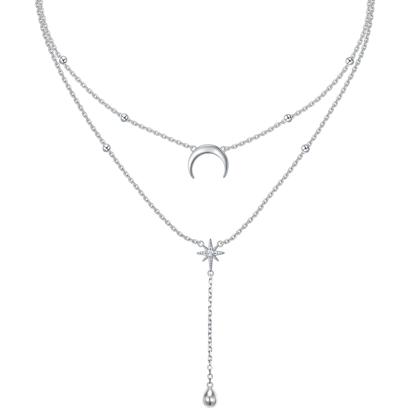 FLYOW Moon Star Layered Necklace for Women S925 Sterling Silver Double Choker Y Lariat Long Chain Necklace Birthday Mother Daughter Necklace for Ladies Mother Wife