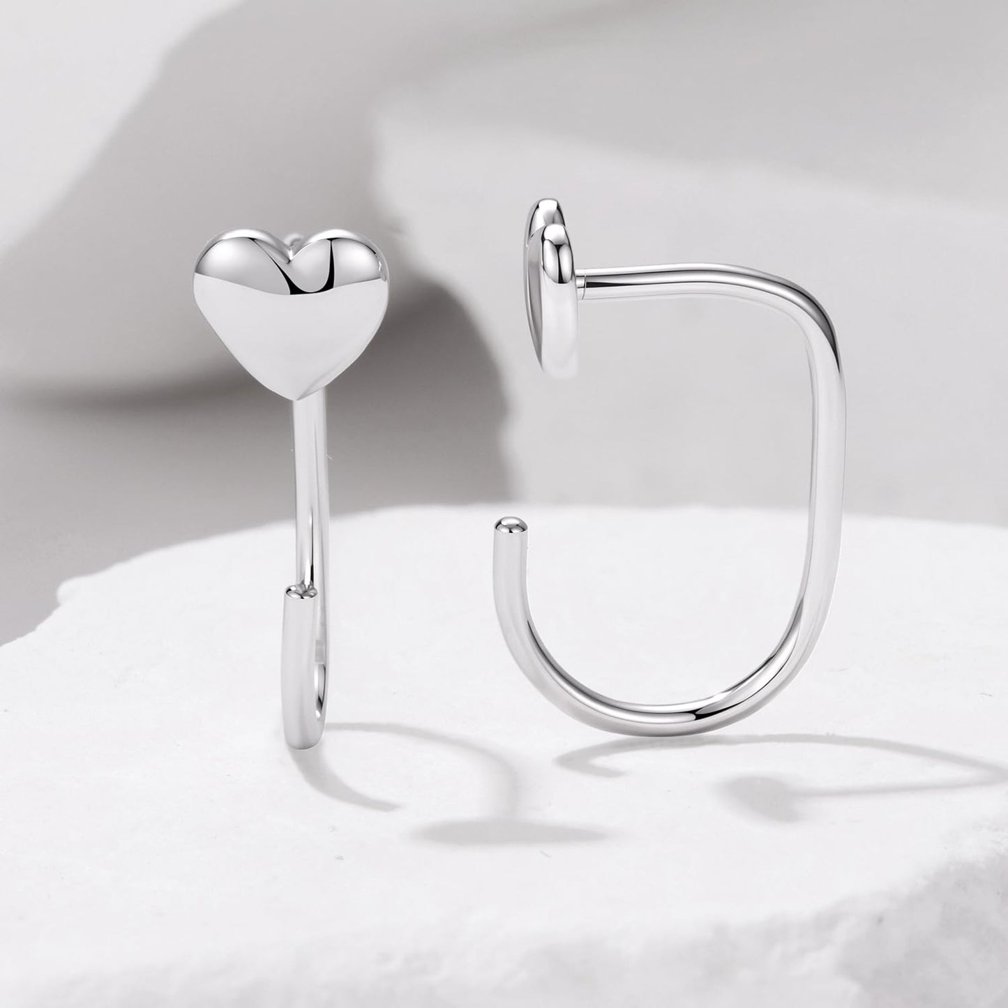 BISAER 925 Sterling Silver Heart Star Small Hoop Earrings, Hypoallergenic Backless Earrings Cartilage Earrings for Women, Dainty Sleeper Earrings with No Back Half Hoop Earrings Jewelry Gift for Her (Heart)