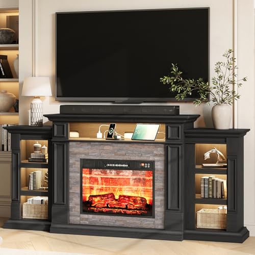 72'' Fireplace TV Stand with Outlet & LED, Electric Fireplace with Mantel, Entertainment Center with Storage, 23'' Fireplace Heater Insert with 3D Flame Effect for Living Room, Black