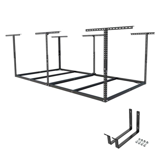 FLEXIMOUNTS 4x8 Overhead Garage Storage Rack without Decking,plus 2-Pack Add-On Storage Utility Hook Accessory,600lbs Weight Capacity,Black