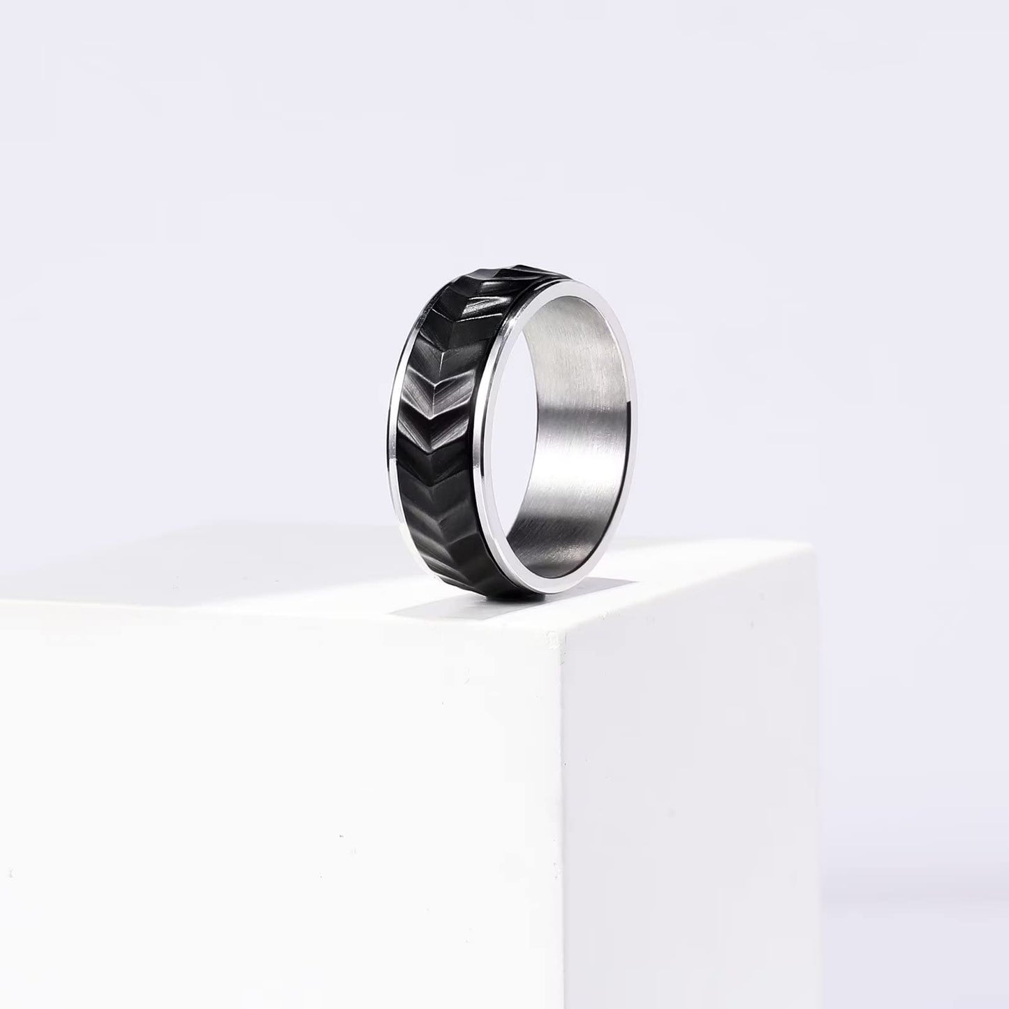 King Will Mens Black Silver 8mm Spinner Rings Tire Thread Stainless Steel Anxiety Fidget Ring for Men Tire Stripe Groove Spinner Ring 10