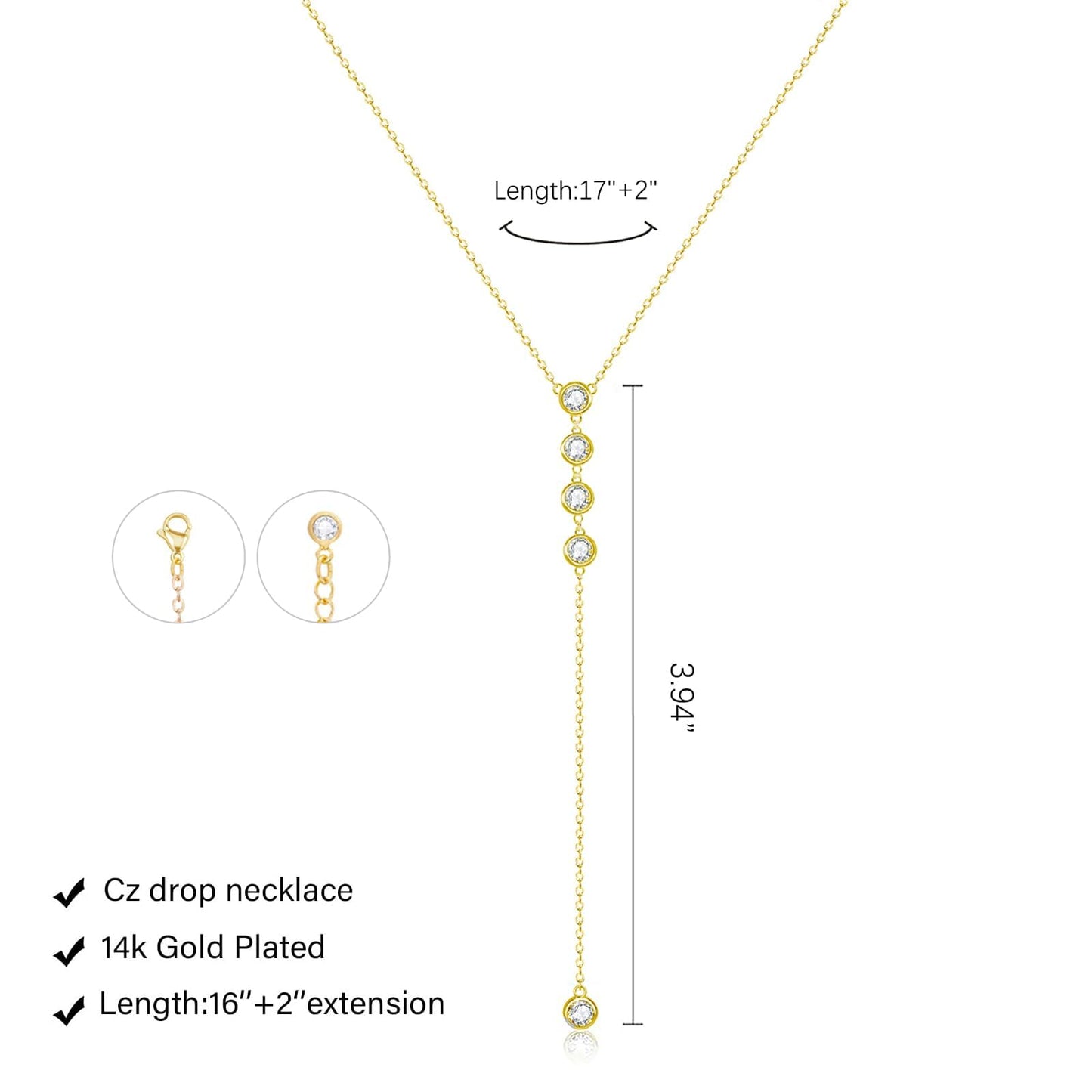 Luxval Long Gold Necklace for Women Trendy Dainty 14k Gold Plated Drop Lariat Necklace Simple CZ Y-Shaped Body Chain Wedding Prom Statement Necklace Jewelry Gifts