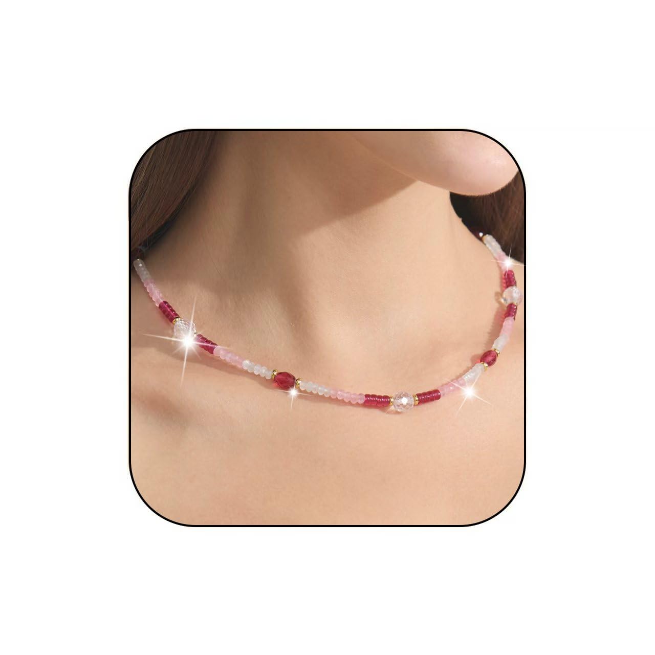 Gmissbabicoo Healing Crystal Necklace for Women Spiritual zircon Beads Handmade Gemstone with 18k Golden Plated Rose Pink Crystals Stones Beaded Adjustable Necklaces with Jewelry Box