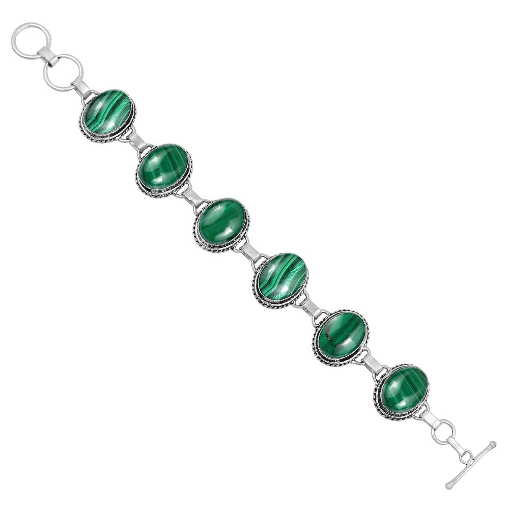 Natural Malachite Silver Plated Handmade Link Bracelet for Women - April Birthstone Oval Gemstone Adjustable Bracelet Vintage Style Bohemian Jewelry - Gifts for Mom Wife Sister Her