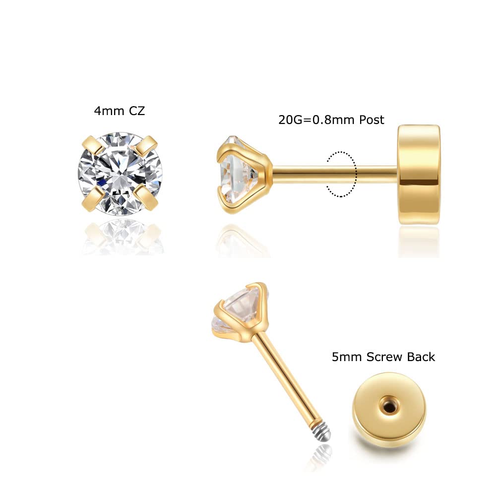 4mm CZ Flat Screw Back Stud Earrings,14K Gold Small Cubic Zirconia Earrings for Helix Cartilage Tragus Earlobe Piercing Jewelry Gift for Women(4mm CZ,Gold)