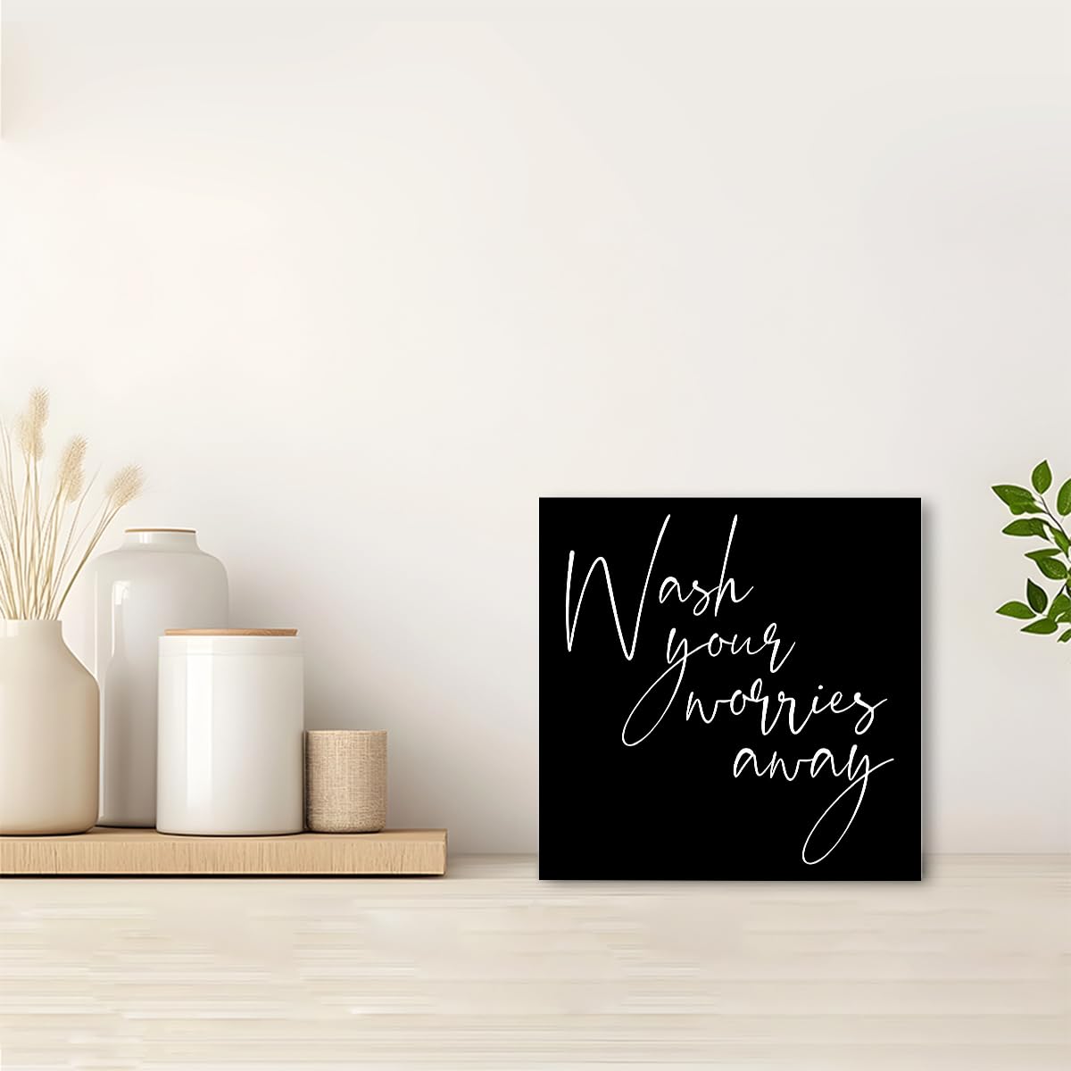 SJNH Wash Your Worries Away Sign Wood Block,Funny Black Bathroom Wooden Box Sign for Bathroom Shelf Washroom Toilet Restroom Shelves Decor 5" L x 5" W x 1.1" H