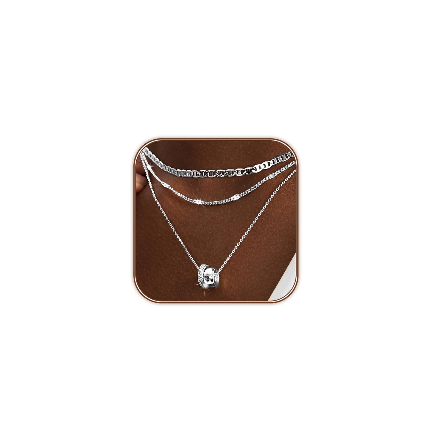 OGD Layered Necklaces for Women Silver Plated Trendy Mariner Chain Dainty Circle Rondelle Pendant Choker Necklace for Women Two-Toned Cubic Zirconia Silver Necklace Stack Hypoallergenic