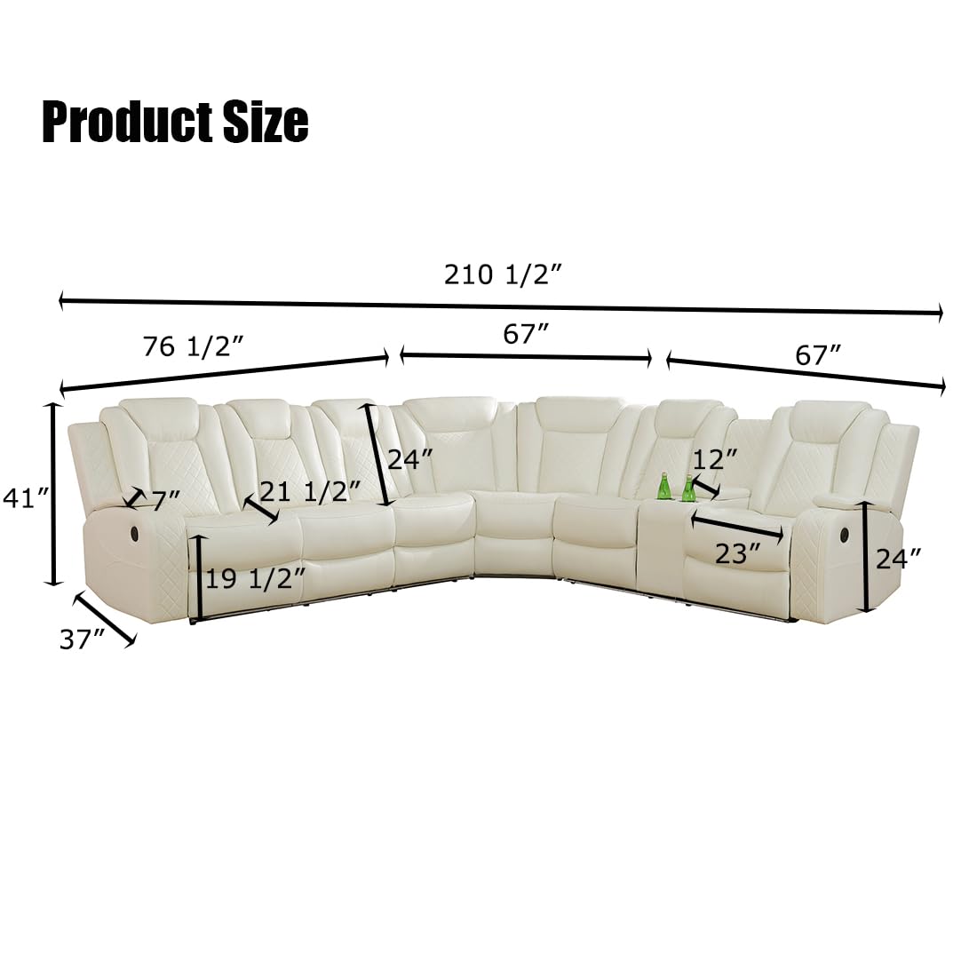 Toseslo Living Room Furniture Sets, Power Reclining Sofa Set, Vanilla White Leather 2 Recliner Sectional with LED Light, Power Recliner Sofa Sets with Cup Holder/Storage Console for Living Room