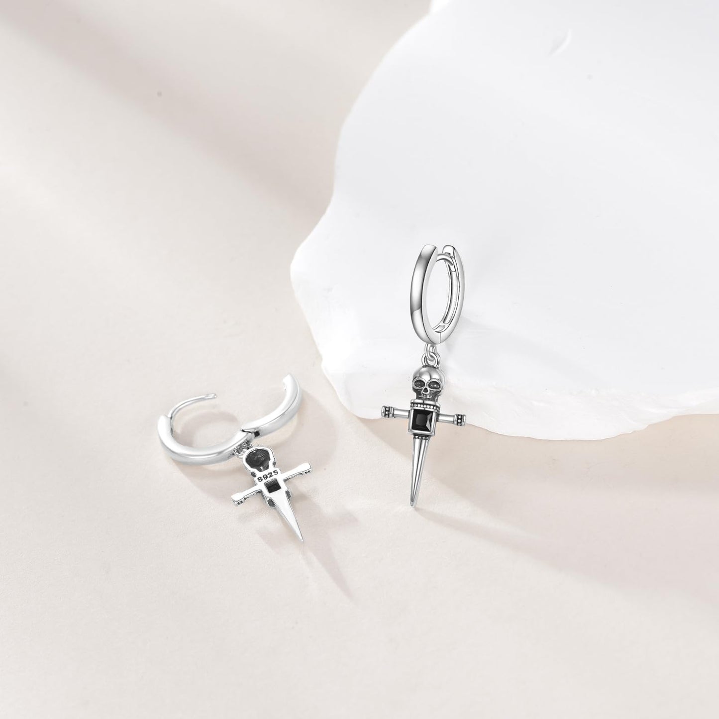925 Sterling Silver Skull Cross Hoop Earrings Dangle Drop Earrings Huggie Halloween Jewelry Birthday Gifts for Women Men (Skull Cross)