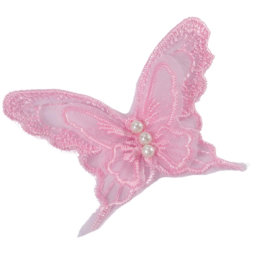 CABODYALS 1 Box 30PCS Light Pink Butterfly Lace Applique Butterflies Repair Patches Sew Embroidery Organza Faux Pearl Beaded Polyester Appliques for Sewing Making Clothes Wedding DIY Craft Supply