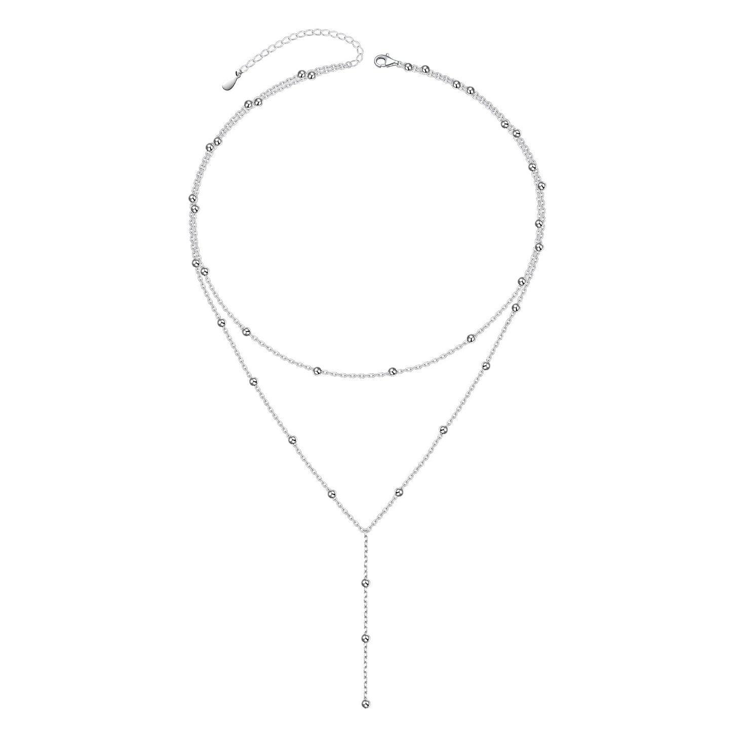 FLYOW Layered Necklace for Women Sterling Silver Beaded Double Trendy Layered Choker Y Lariat Long Necklace Dainty Mothers Day Valentine's Day Birthday Gift for Ladies