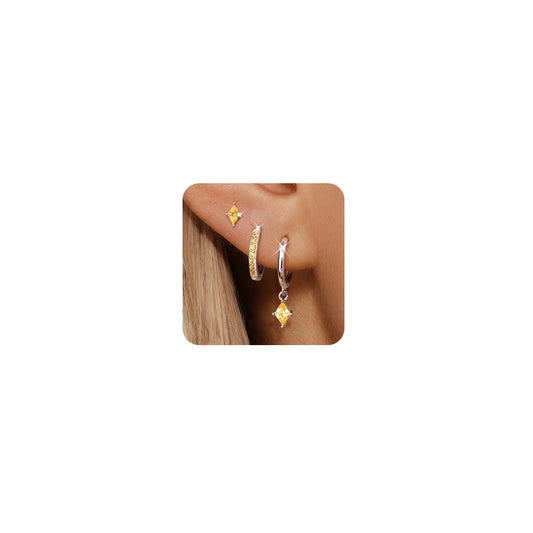 3 Pairs Sterling Silver Hoop Earrings Set for Women, Silver Hypoallergenic Yellow Earrings for Multiple Piercing, Dainty Citrine Diamond Huggie Dangle Earring Stacks Trendy Jewelry Gifts
