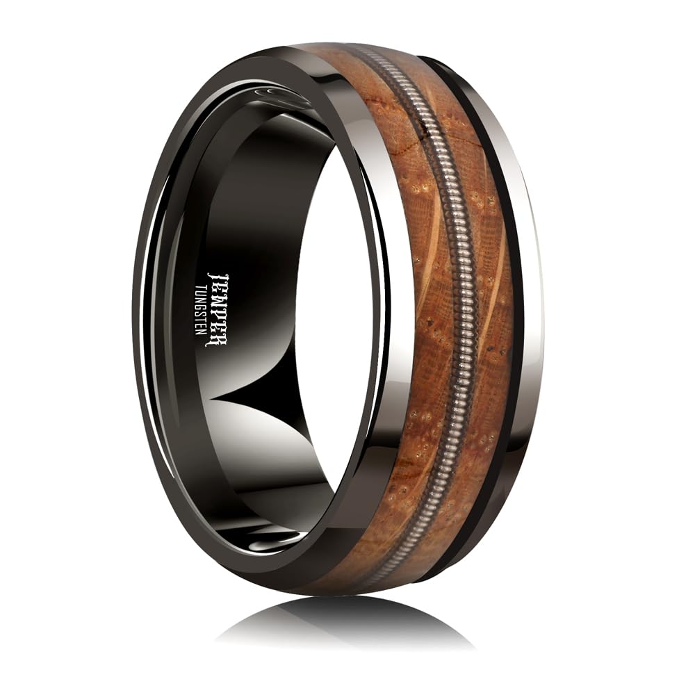 JEWPER 8mm Men Womens Wedding Band Tungsten Rings dark gun black Fashion Promise Carbide Inlaid Guitar Strings whiskey barrel wood Matte Finish Edge Comfort Fit Size(11)