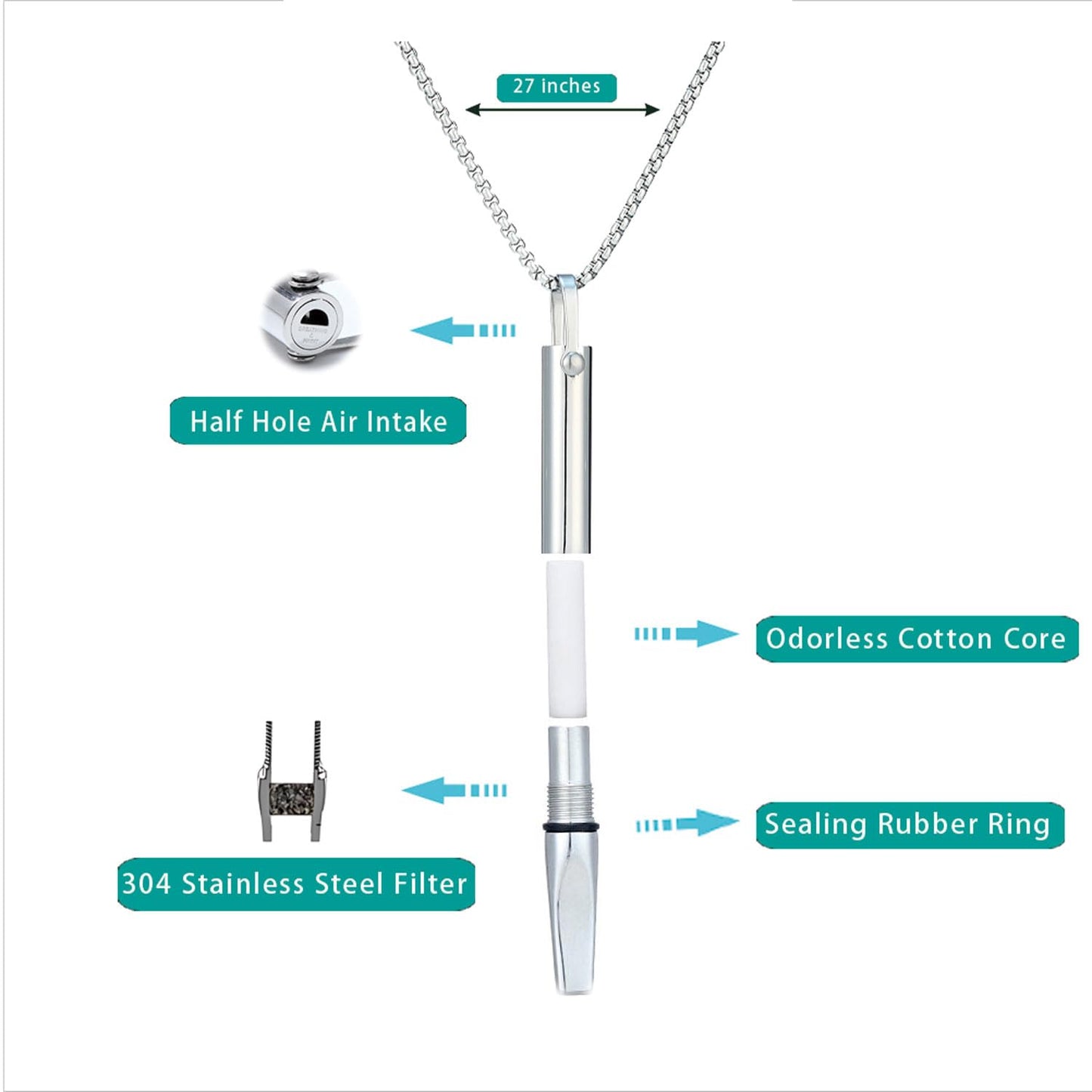 Exqele Breathlink Smokeless Inhaler - Meditation Mindful Breathing - Quit Smoking Vapingtools Fum Vaporless Inhaler Portable with Chain for Men Women Necklace (Black)