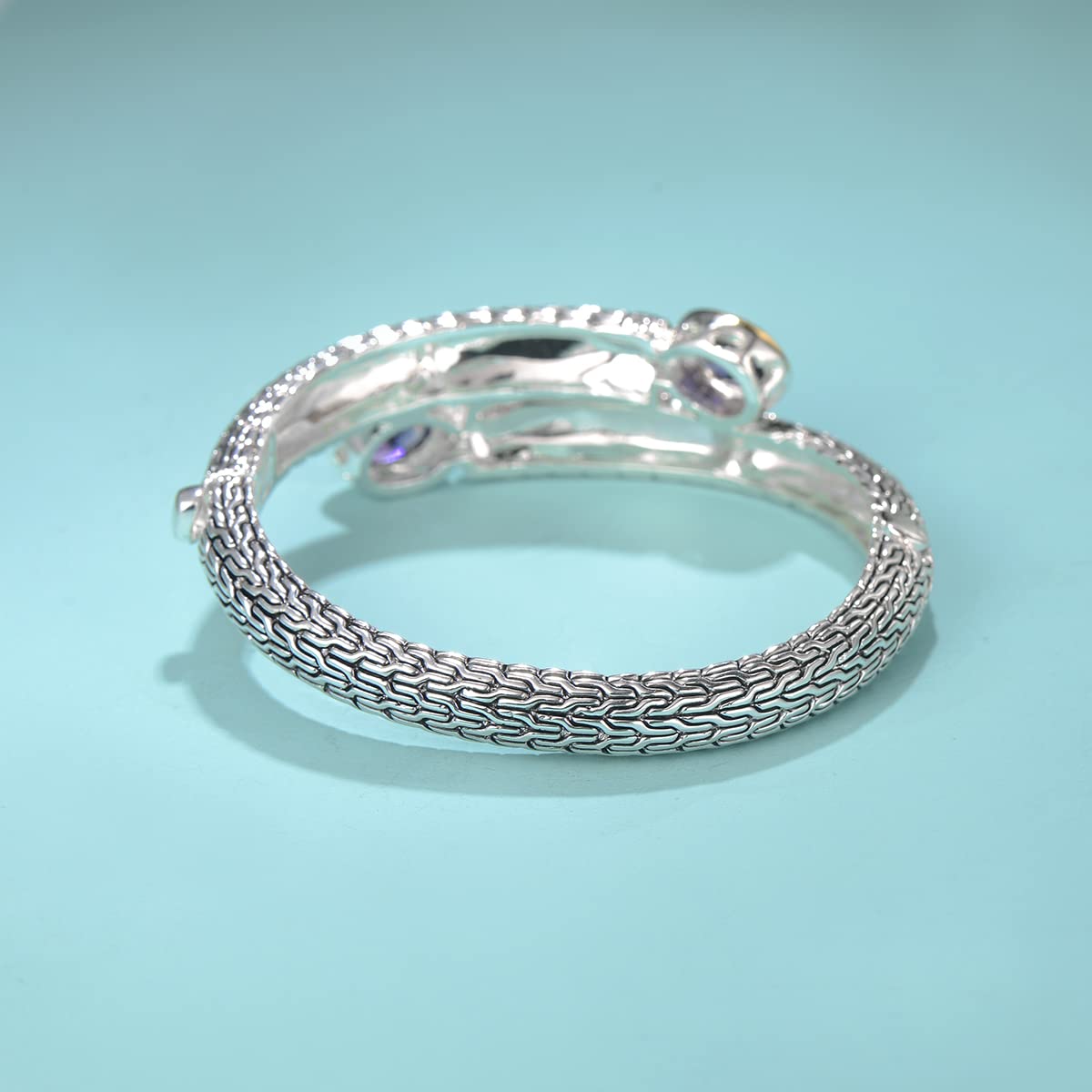 UNY JEWEL Jewelry Multi Strand Foxtail Chain Woven Pattern Inlay 8 by 10 Oval CZ Vintage Antique Two Tone Elegant Designer Inspired Unique Box Tongue Clasp Bangle (Clear)