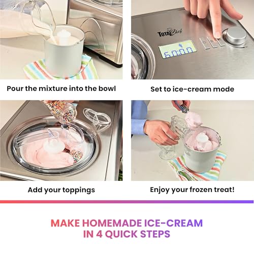 Total Chef Automatic Ice Cream Maker - Built-In Compressor 2 in 1 Frozen Yogurt, Gelato & Sorbet Maker, Nieve Treats, No Salt or Prefreezing, 1.6 Qt Stainless Steel, Helado de crema