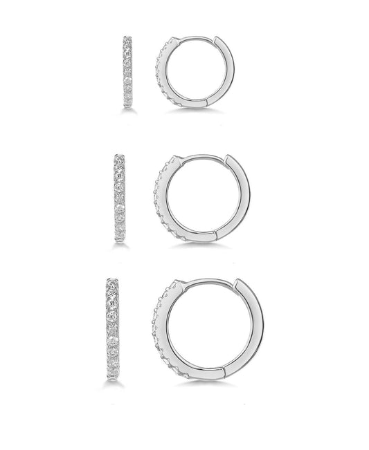 3Pairs Sterling Silver Hoop Earrings Set for Women Trendy Chunky Huggie Dainty Earring Jewelry for Women Teens (Silver - Diamond 3 Pairs)