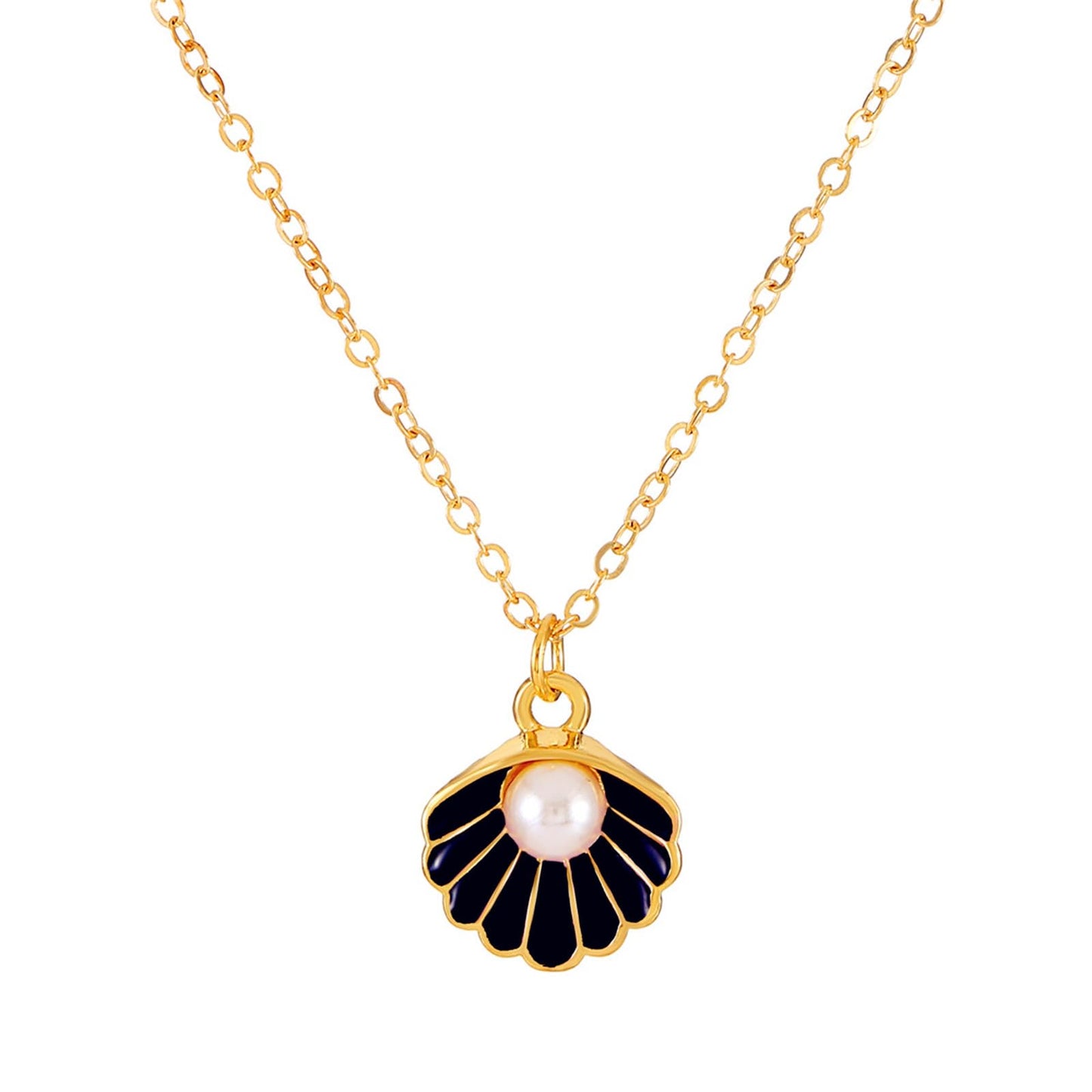 Seashell Pearl Pendant Necklace Gold Plated Boho Enamel Pink Blue Scallop Sea Shell Starfish Ocean Animal Chain Necklace for Women Hawaiian Summer Beach Holiday Fashion Jewelry Gifts (Black)