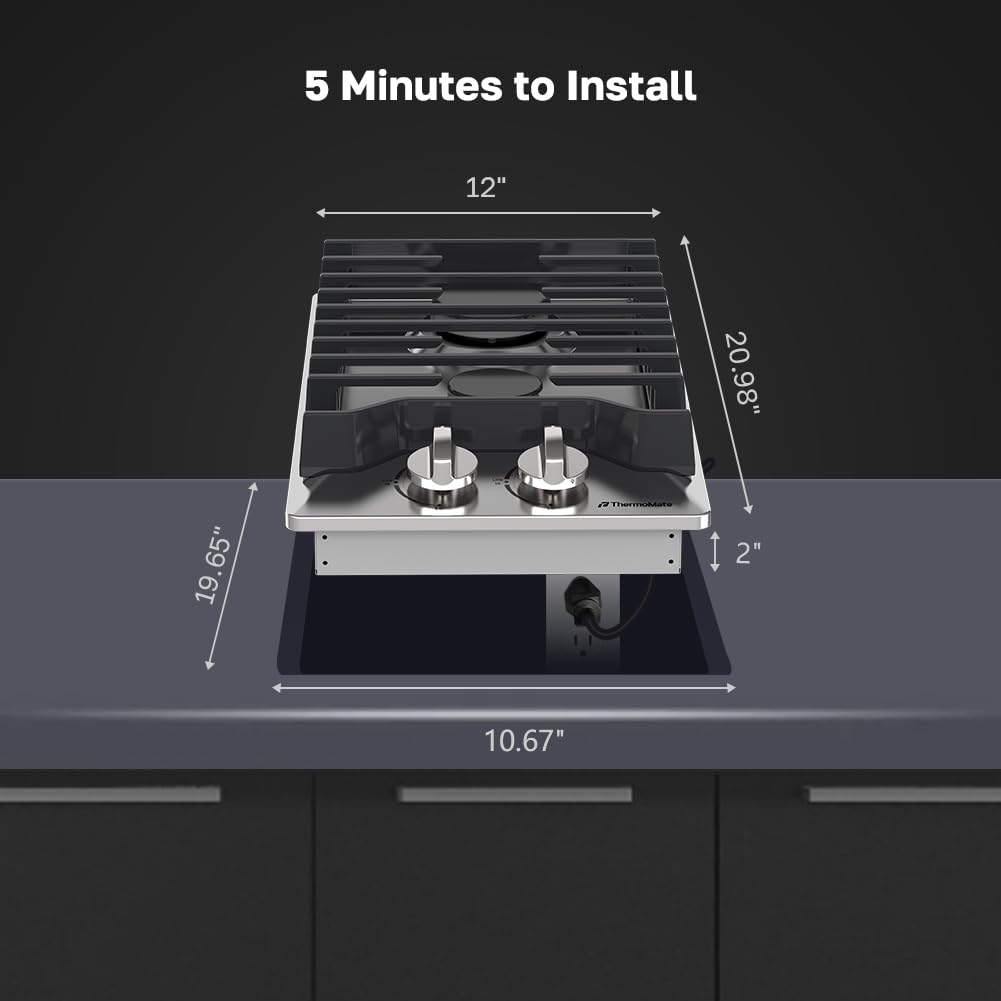 12 Inch Gas Cooktop, ThermoMate Heavy Built In Gas Rangetop with 2 High Efficiency SABAF Burners, NG/LPG Convertible 304 Stainless Steel Stove Top with Flame Out Protection, CSA Certified