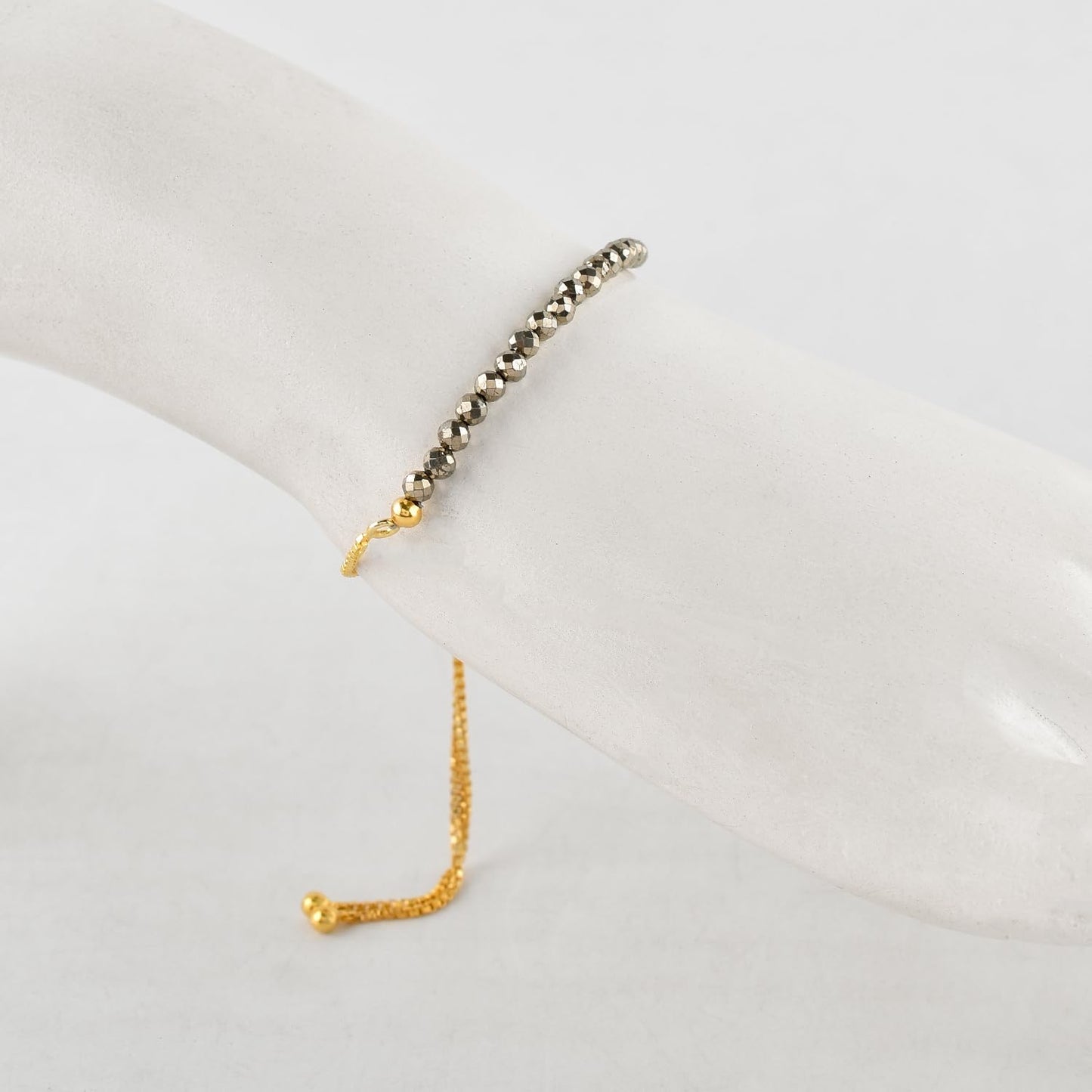InfinityGemsArt Golden Pyrite Bracelets For Women Natural Birthstone Jewelry Micro Beads Beaded Stone Bolo Slider Crystals Gemstones, 14K Gold Plated Adjustable Chain, Gifts For Her
