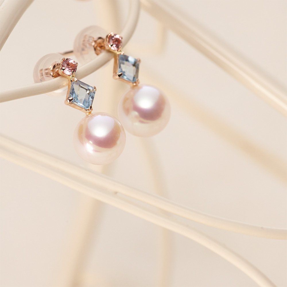 Japanese 6.0mm Akoya Cultured Pearl with Aquamarine and Pink Tourmaline Earrings for Women with 18K Rose Gold | Stylish Design Excellent Gift | Pearl Earrings