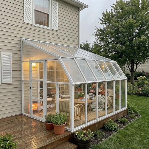 Palram Canopia Rion Sun Room 8 Ft. x 12 Ft. Solarium, Lean-To Greenhouse DIY Kit, Attach to House, Large Twin Wall Polycarbonate, 100% UV Protection For Porch, Patio Outdoors with Window Vent (White)