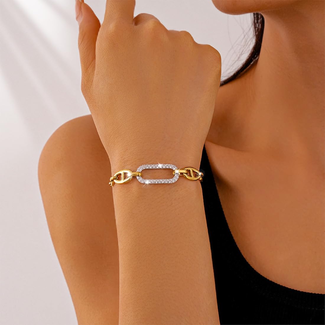 ANDKISS 18K Gold Bracelets for Women, Adjustable Waterproof Non-Tarnish Titanium Chain with Pavé AAA+ CZ Accent, Dainty Gold Plated Paperclip Bracelet Jewelry Valentine's Day Gifts